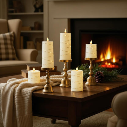 Raycare Flameless Candles with Remote Timer, Flickering Battery Operated LED Pillar Fake Candle with String Lights for Home Decor, Christmas, Wedding and Gift, White, Set of 3