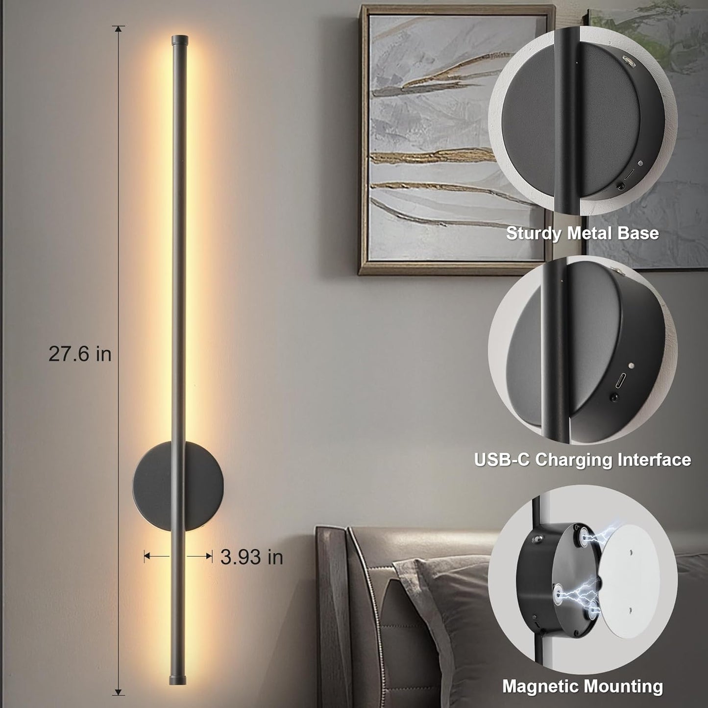Battery Operated Modern Wall Sconces, Dimmable Wireless Wall Light Set of Two with Remote Control, 3 Color Temperatures, Rechargeable LED Wall Sconce for Bedroom, Living Room, Hallway, 23.6 Inch Brass
