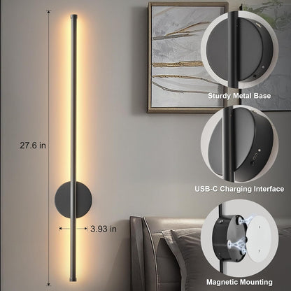 Battery Operated Modern Wall Sconces, Dimmable Wireless Wall Light Set of Two with Remote Control, 3 Color Temperatures, Rechargeable LED Wall Sconce for Bedroom, Living Room, Hallway, 23.6 Inch Brass
