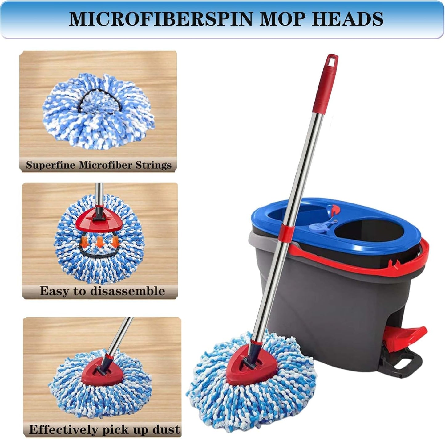 Spin Mop Replace Heads for O Cedar Rinse Clean 2 Tank System, Spin Mop Replacement Head 2 Microfiber Mop Refills, 1 Triangle Head Cover and 30-58in Handle 1 1Scrub Brush