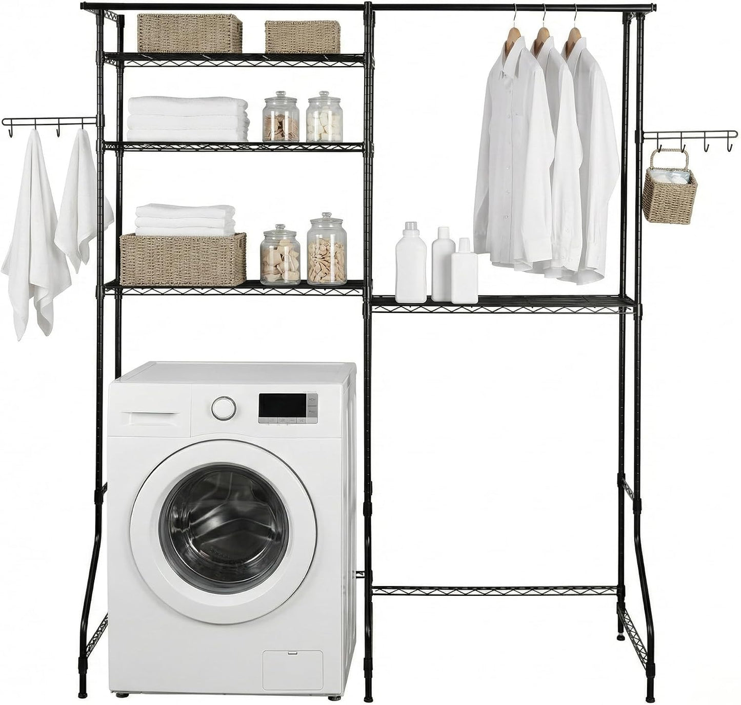 Over the Washer and Dryer Storage Shelf, 6-Tier Laundry Room Organizer with Hanging Rod & Hooks, Adjustable Heavy Duty Carbon Steel Space Saver Rack, Fits Most Washers and Dryers, Black (White)