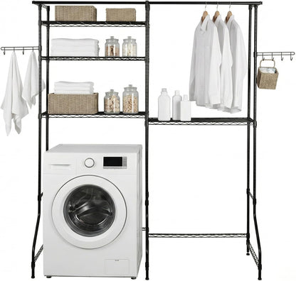 Over the Washer and Dryer Storage Shelf, 6-Tier Laundry Room Organizer with Hanging Rod & Hooks, Adjustable Heavy Duty Carbon Steel Space Saver Rack, Fits Most Washers and Dryers, Black (White)