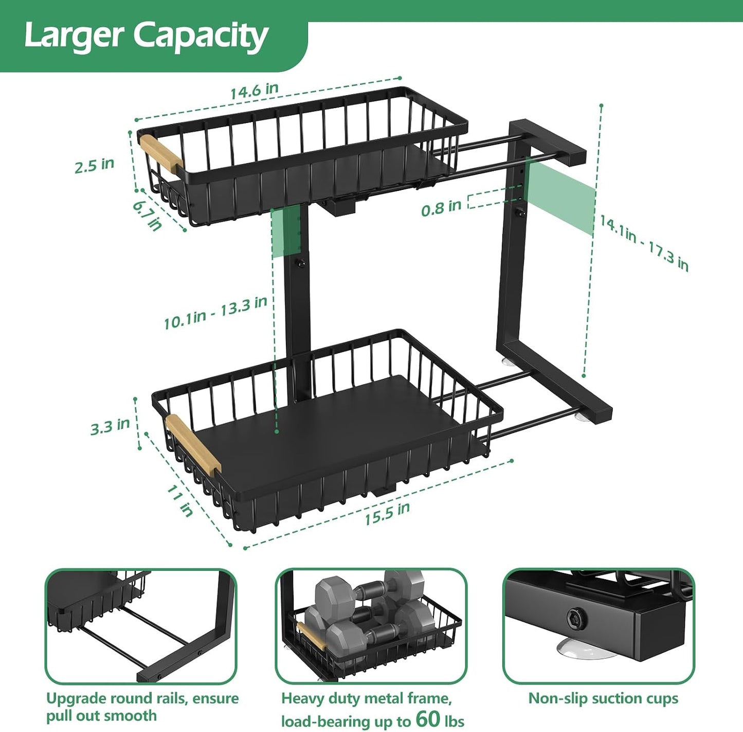 ADRIMER Under Sink Organizer 2 Packs, Pull Out Kitchen Sink Organizer, 2 Tier Slide Out Kitchen Organizers and Storage Bathroom Under Cabinet Storage Shelf, Transparent & White