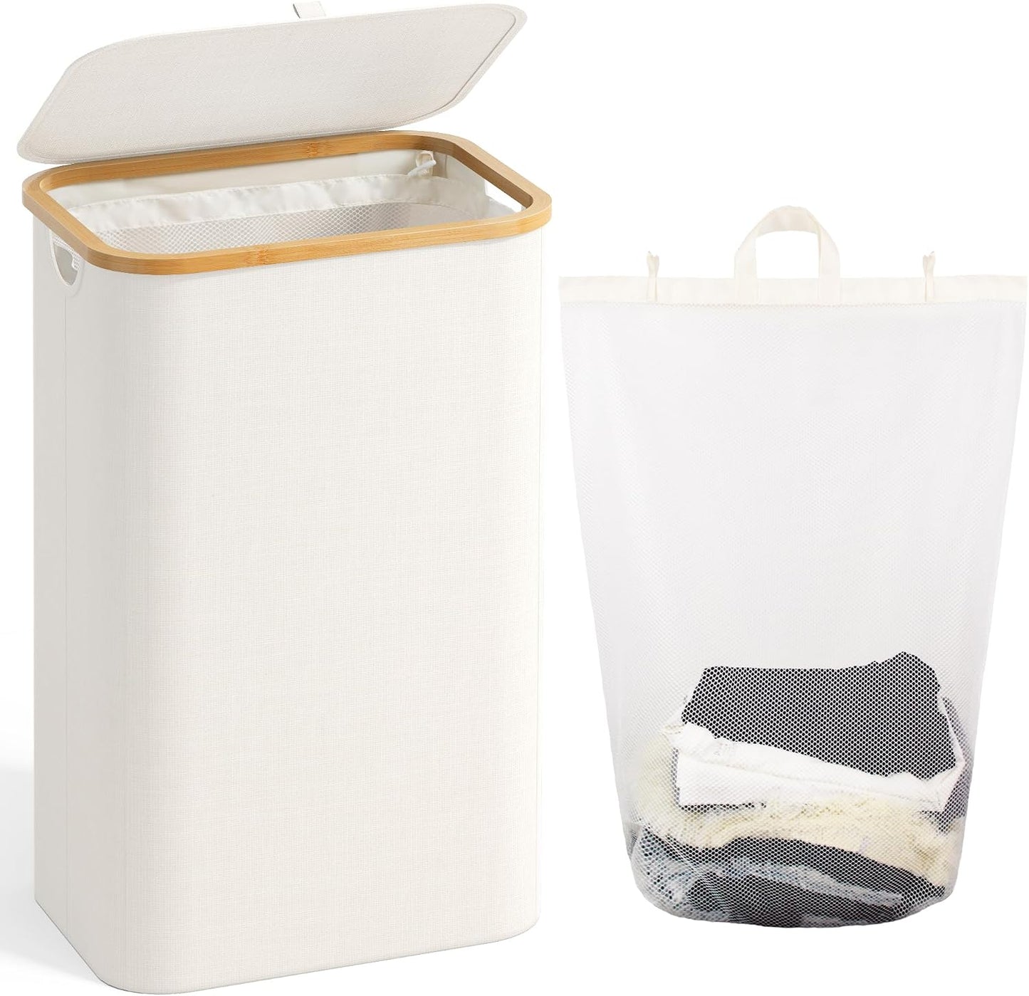 160L Laundry Hamper with Lid, 3 Section Laundry Basket with 3 Removable Bag | Clothes Hampers for Laundry with Bamboo Frame Handle, Large Dirty Clothes Hamper for Laundry Room, Bathroom, Bedroom, Black