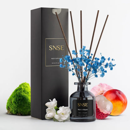 SNSE Tobaco & Vanilla with Flowers Perfumed Reed Diffuser Set | 3.38 oz Scent Fragrance Oil Diffuser for Bedroom, Bathroom, Home Décor and Gift, Decorative Air Fresheners with Sticks