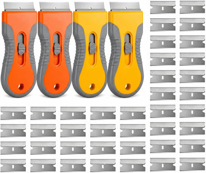 Razor Blade Scraper Set, 2 Safety-Lock Handles + 20 Steel Blades | Steel Blades Retract into Plastic Handles, Removes Stickers, Labels, Paint, Caulk and Residue From Windows, Cooktops and Tile