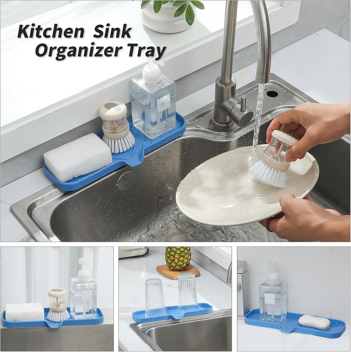 MicoYang Silicone Bathroom Soap Dishes with Drain Spout-Bathroom and Kitchen Sink Organizer,Sponge Holder,Dish Soap Tray,Perfect for Dispenser,Scrubber,Bottle,Cup on Sink or Counter-Coffee 4.9"×3.2"