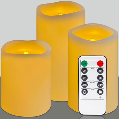 Flickering flameless Candles, Battery Operated Candles with Remote, led Pillar Candles，Electric Candle Set of 3，Christmas Home Wedding Birthday Decor（Ivory White） ﻿ ﻿