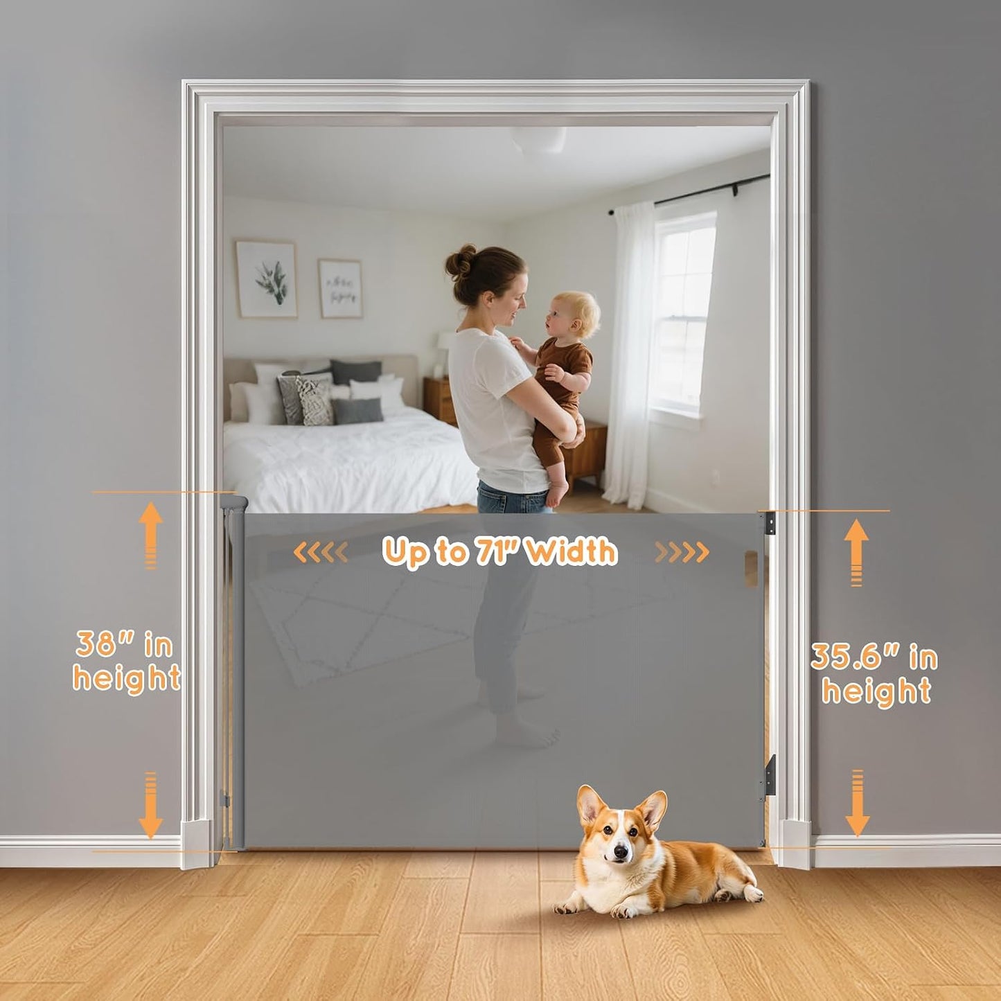 Retractable Baby Gate, 38" Extra Tall Mesh Dog Gate with Auto-Tension Design, 71" Wide One-Hand Operation Doorway Gates for Pets & Babies, No Bottom Rail Safety Gate for Hallways, Black