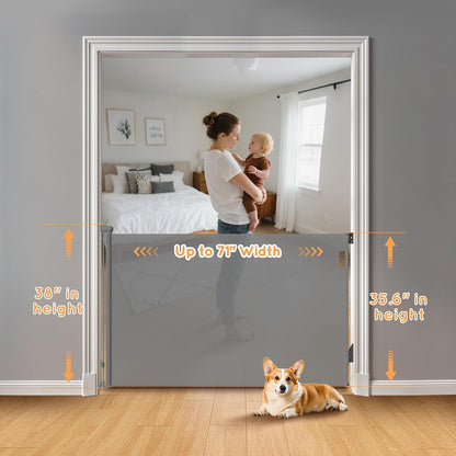 Retractable Baby Gate, 38" Extra Tall Mesh Dog Gate with Auto-Tension Design, 71" Wide One-Hand Operation Doorway Gates for Pets & Babies, No Bottom Rail Safety Gate for Hallways, Black