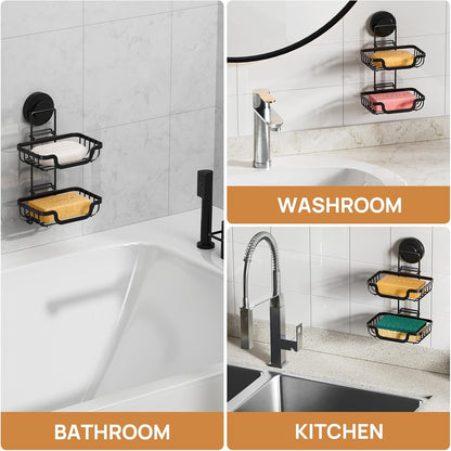 LEVERLOC Bar Soap Holder for Shower with Hooks, Suction Cup Soap Dish Rustproof Stainless Steel for Bathroom Accessories, Sponge Saver Black