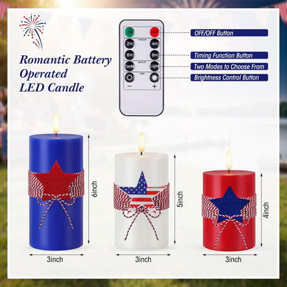 4th of July 4" 5" 6" Flameless Pillar Candles with Remote, Set of 3 Patriotic Red White Blue Battery Operated LED Candle with Star Felt, Independence Day Decorations for Home Party Table Fireplace