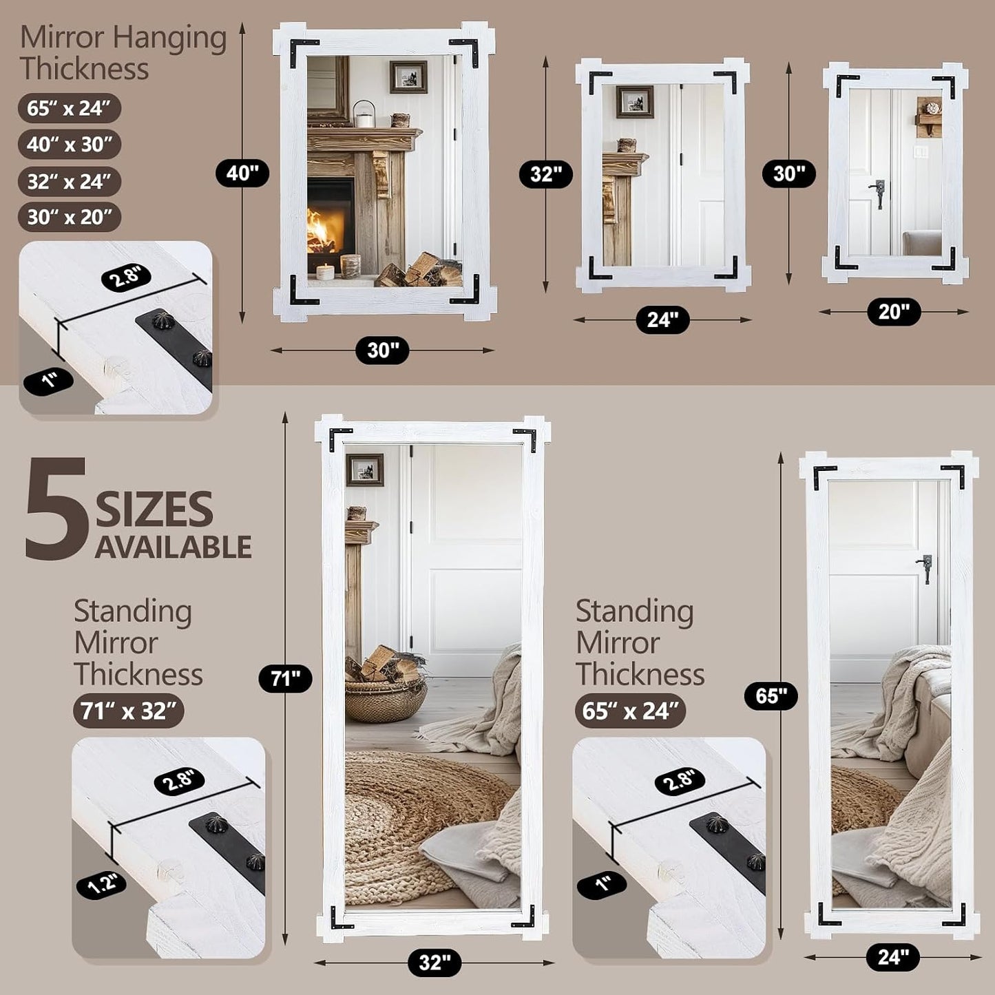 65x24 Inch Full Length Mirror, Pine Frame Full Body Standing Mirror with Metal Decorative, Black