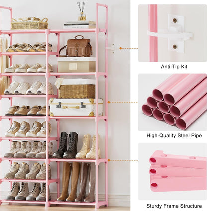 WOWLIVE 9 Tiers Large Shoe Rack Storage Organizer for Closet 50-55 Pairs Shoe Tower Unit Shelf Stackable Shoe Rack with Metal Pipes Plastic Connectors Black(SSS3B9)