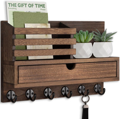 Key Holder Wall Mount, Mail Holder with Storage Drawer and 5 Key Hooks for Coat, Dog Leash, Home Decor Rack, House Accessories, Entry Way Organizer