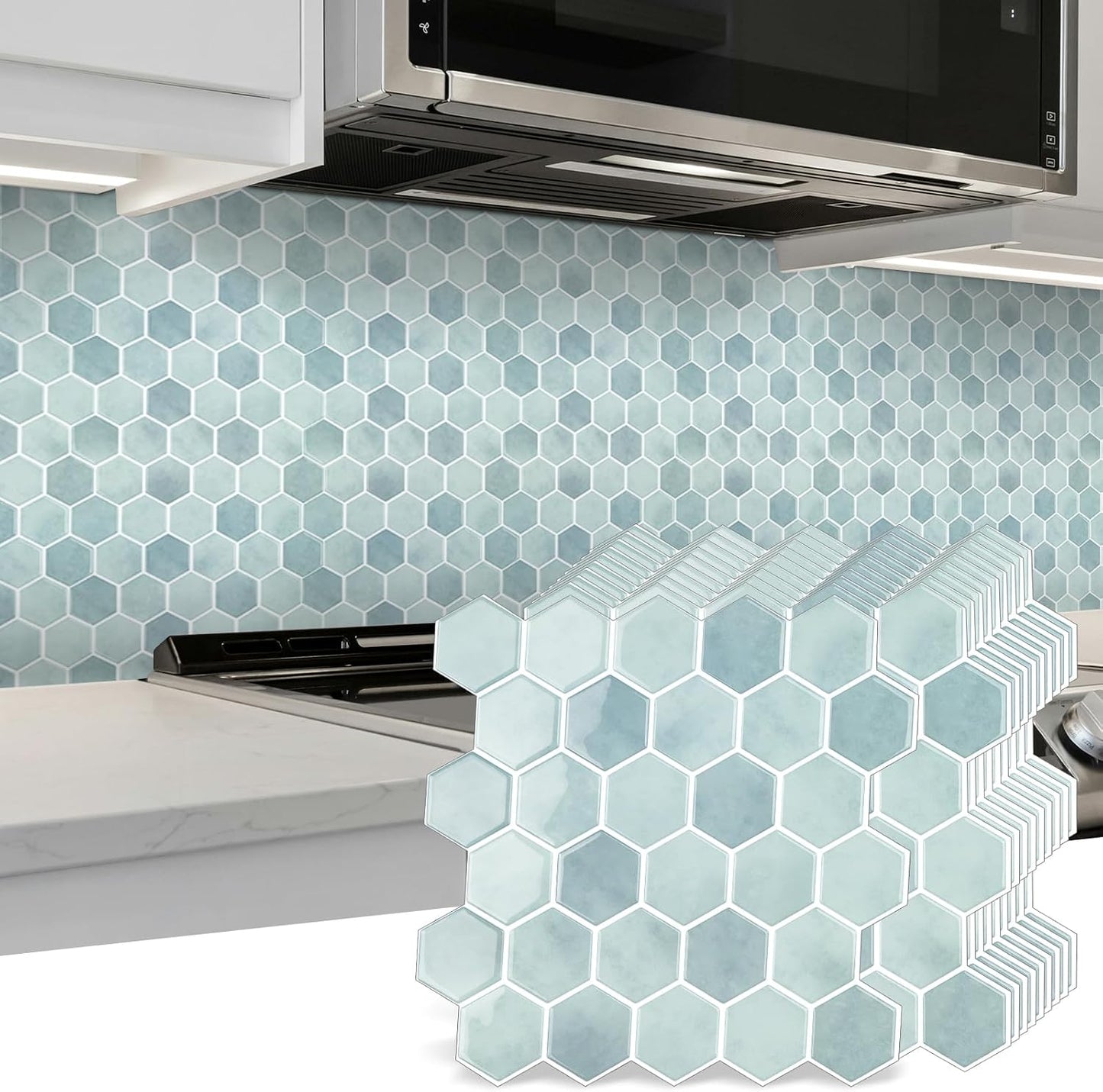 10-Sheet Hexagon Peel and Stick Backsplash for Kitchen, New Upgrade Premium Extra Thicker Design 3D Self Adhesive Wall Tiles, Large Stick on Tiles for Kitchen and Bathroom (12" x 12")