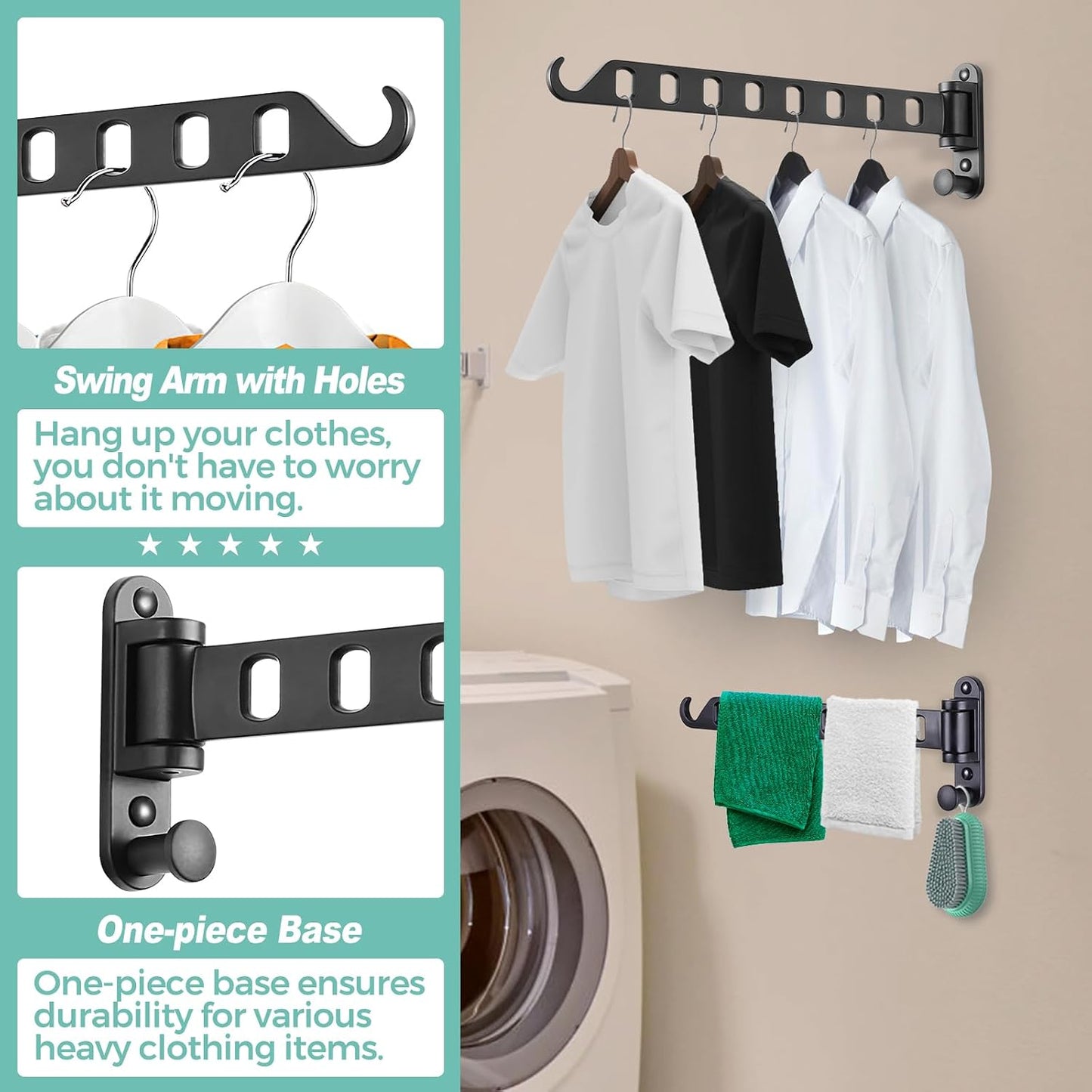 Wall Mounted Clothes Hanger with Swing Arm - 8-Hole Laundry Room Drying Rack | 180° Rotation & Space Saving for Hanging Clothes | Swing Away Coat Hanger | Aluminium(2-Pack, White)