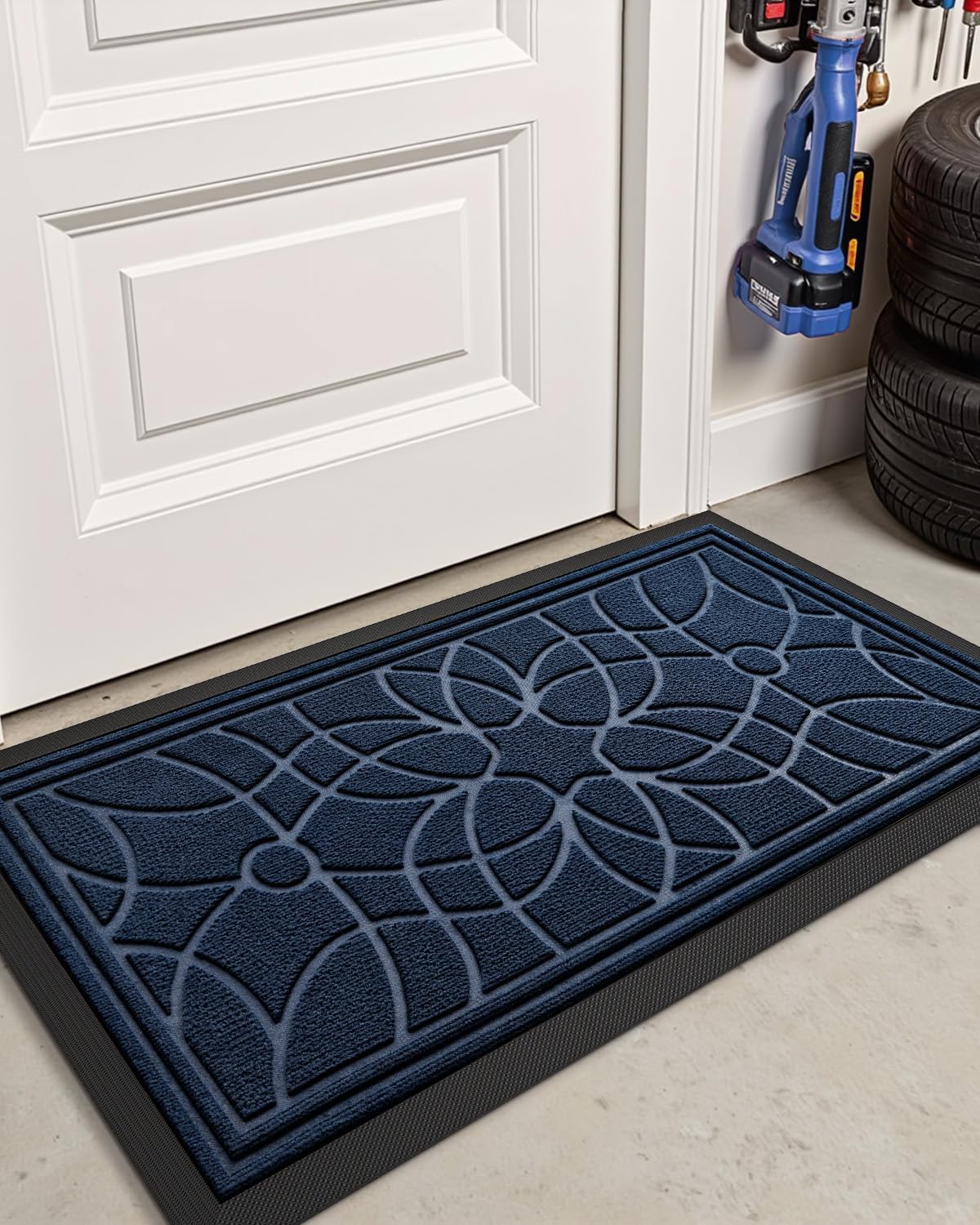 DEXI Front Door Mat Outside Entrance, Heavy Duty Non Slip Low Profile Doormat for Entryway, Trap Dirt and Moisture Welcome Mats, Easy Clean, Patio, Garage, 3x2, Blue