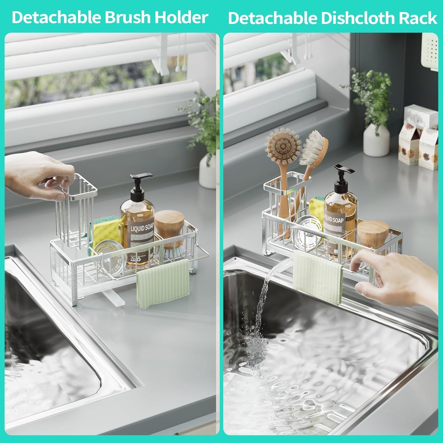 HapiRm Sponge Holder for Kitchen Sink - Self-draining Sink Caddy with Brush and Dishcloth Holders, Stainless Steel Kitchen Countertop Organizers and Storage Essentials - Black