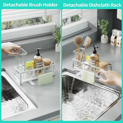 HapiRm Sponge Holder for Kitchen Sink - Self-draining Sink Caddy with Brush and Dishcloth Holders, Stainless Steel Kitchen Countertop Organizers and Storage Essentials - Black