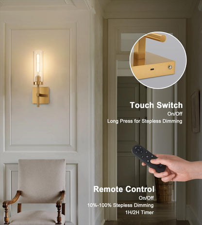 Wireless Wall Sconces with Remote Control, Battery Operated Wall Sconce Set of 2, Black & Gold Rechargeable Dimmable Wall Light for Bedroom Living room Bathroom Hallway Entryway Stairwell, 3000K
