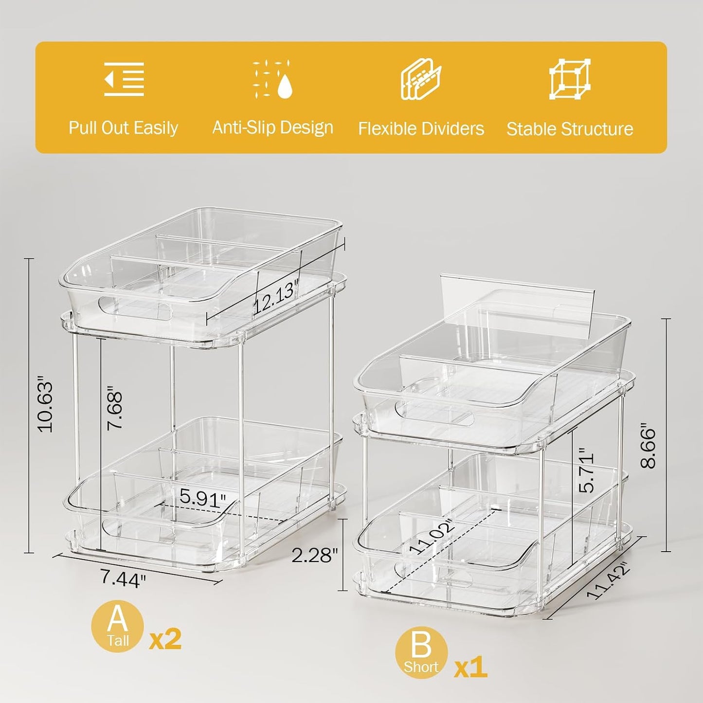 Delamu 2-Tier Under Sink Organizers and Storage, Multi-Purpose Stackable Bathroom Cabinet organizers, Pull Out Kitchen Pantry Organization and Storage with Dividers(2 Pack, Clear)