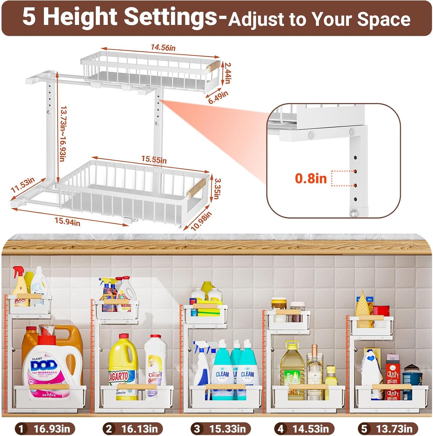 2 Pack Under Sink Organizer, 2 Tier Pull Out Cabinet Organizer with 5-Level Adjustable Height, Sliding Metal Storage Rack for Kitchen Bathroom Pantry, White