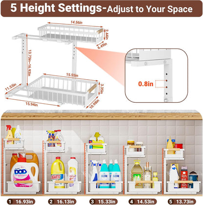 2 Pack Under Sink Organizer, 2 Tier Pull Out Cabinet Organizer with 5-Level Adjustable Height, Sliding Metal Storage Rack for Kitchen Bathroom Pantry, White