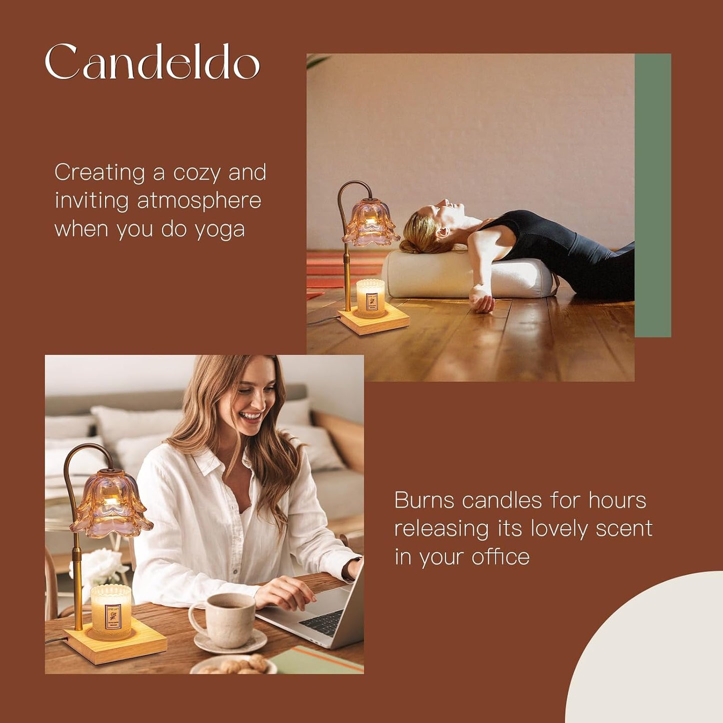 Candeldo Candle Warmer Lamp with Timer, Gold Flower Glass Shade | Height Adjustable, Dimmable, Fits 3-Wick Candles and Wax Melts, Ideal for Bedroom Decor, Birthday Gifts for Women