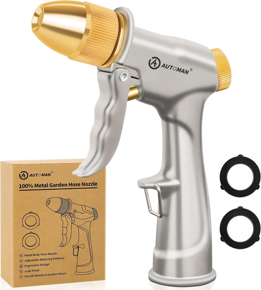AUTOMAN Garden Hose Nozzle Sprayer - High Pressure 100% Metal Water Spray Nozzle With 4 Patterns - Heavy Duty for Watering Plants, Lawns, Washing Cars & Pets