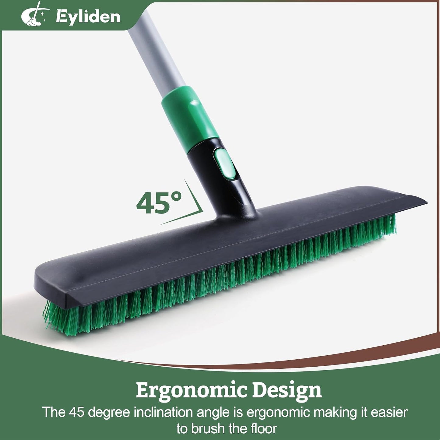 Eyliden Floor Scrub Brush, 15-inch Wide, 55" Long Handle Deck Brush | 2-in-1 Stiff Bristles and Rubber Squeegee, 45° Angle Head, Telescoping Handle, for Bathroom Shower Kitchen Patio Garage