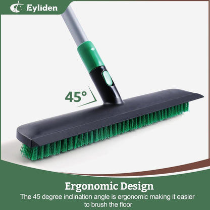 Eyliden Floor Scrub Brush, 15-inch Wide, 55" Long Handle Deck Brush | 2-in-1 Stiff Bristles and Rubber Squeegee, 45° Angle Head, Telescoping Handle, for Bathroom Shower Kitchen Patio Garage