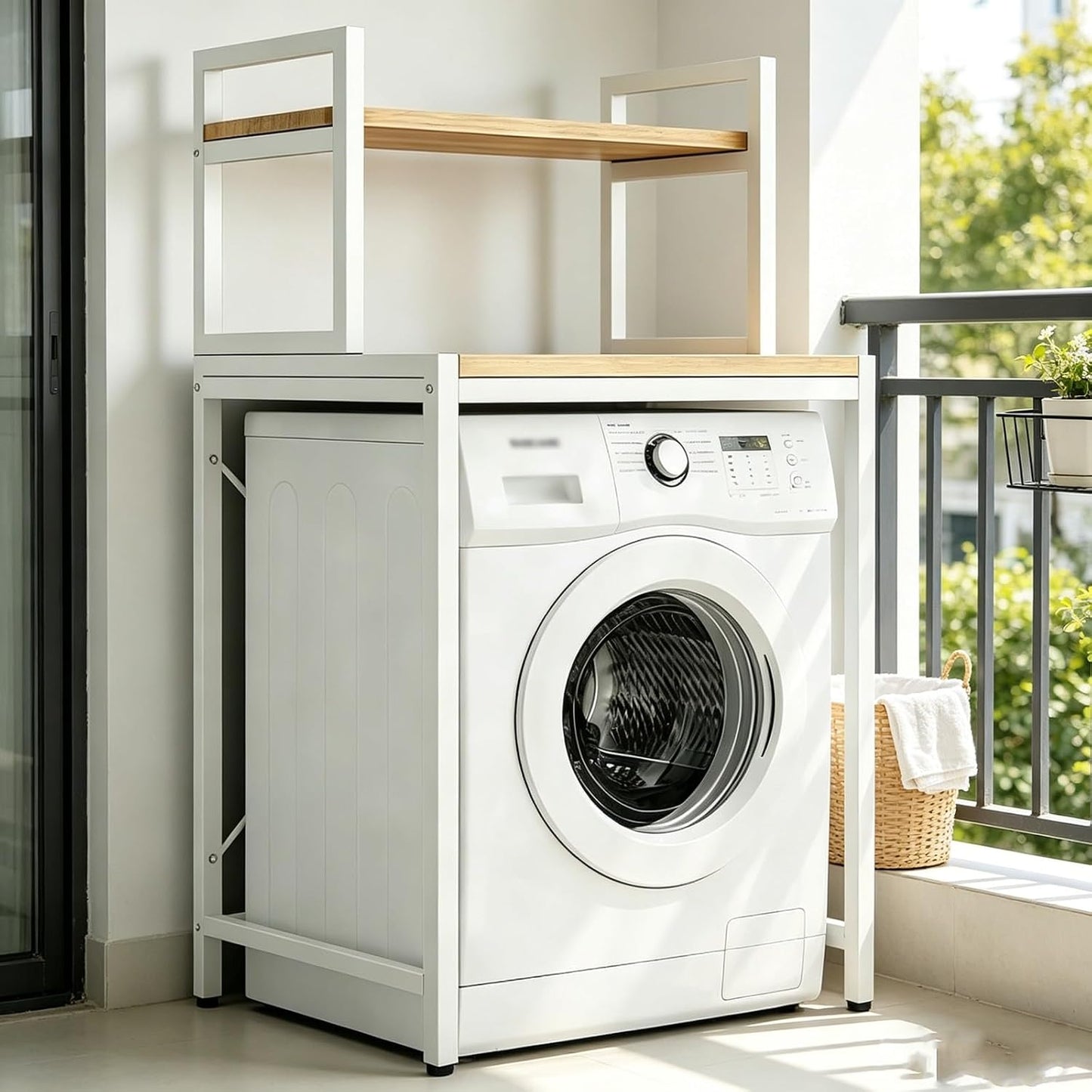 Laundry Room Space Saver Shelf, Over The Washer Dryer 2-Tier Storage Rack with Wood Top, Heavy-Duty Metal Frame Washing Machine Organizer Stand, Organization Unit for Bathroom, Balcony, Utility(Black)