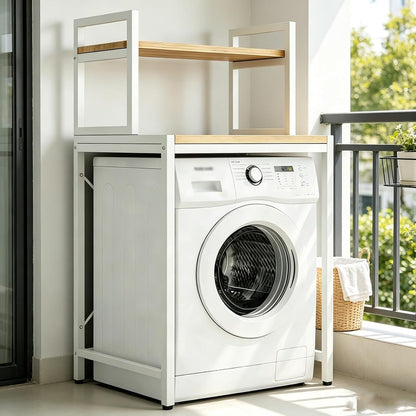 Laundry Room Space Saver Shelf, Over The Washer Dryer 2-Tier Storage Rack with Wood Top, Heavy-Duty Metal Frame Washing Machine Organizer Stand, Organization Unit for Bathroom, Balcony, Utility(Black)