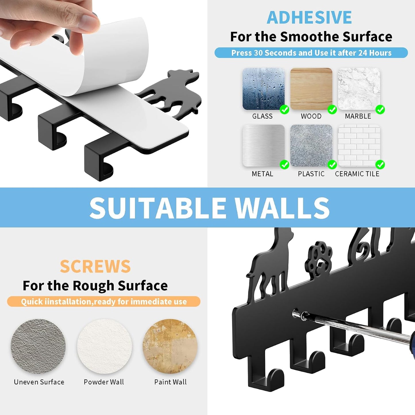 GTK Key Holder for Wall, Key Hooks with 6 Hooks, Wall Mounted Key Holder for Hallway, Self Adhesive Key Rack(White)