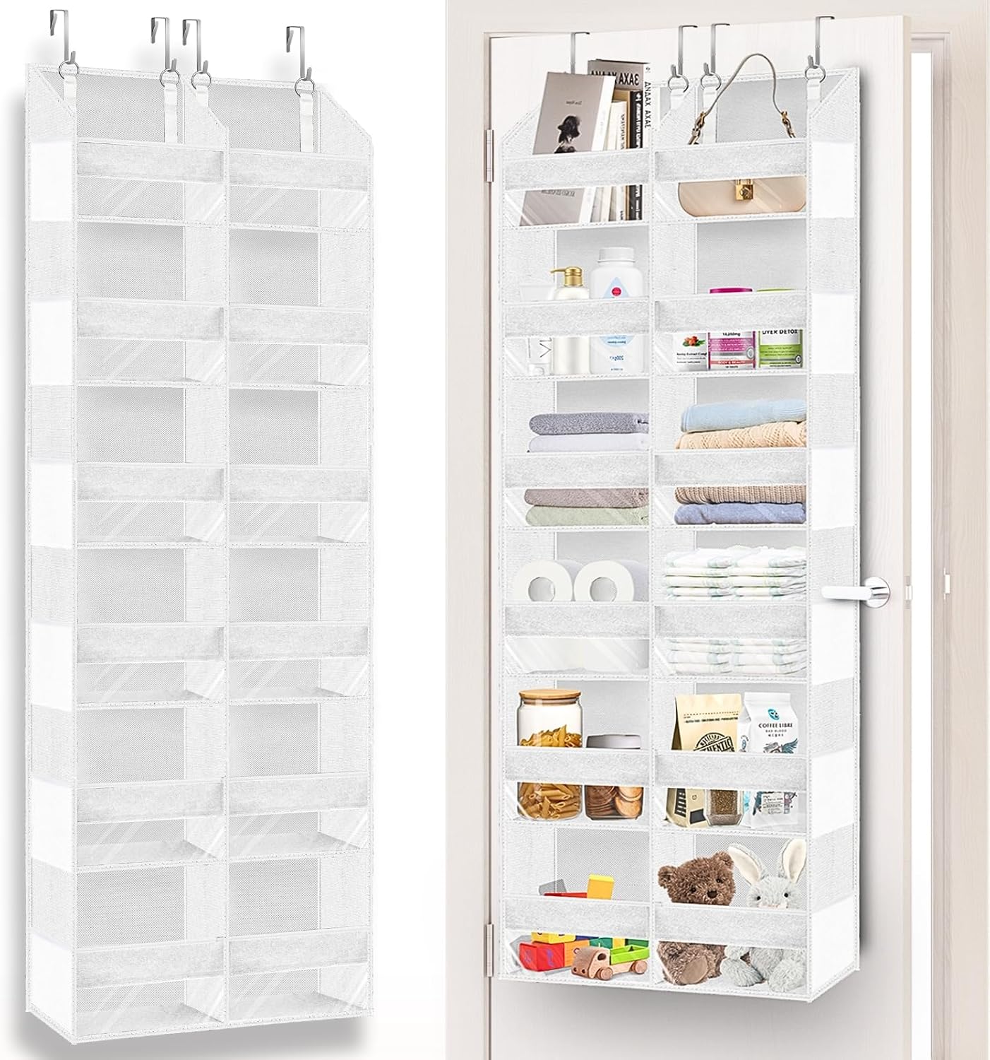 Over The Door Organizer, 5-Tier Extra Large Behind Door Storage with 10 Big Front & 10 Mesh Pockets, 80lb Capacity, Hanging Storage Organizer with Clear Window Kids Toys, Shoes, Diapers, Light Grey