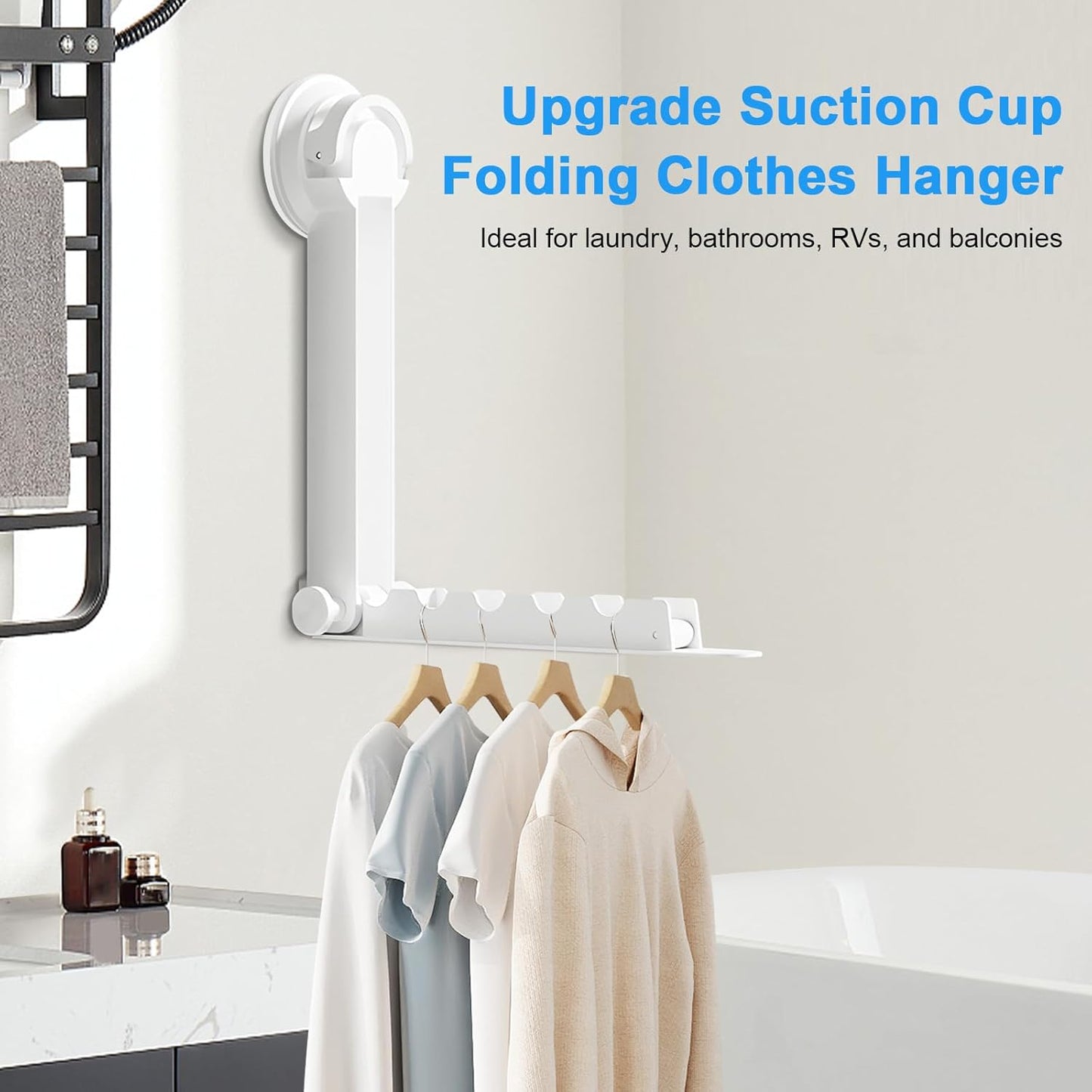 Foldable Clothes Drying Rack with Suction Cup, Wall-Mounted Clothes Drying Rod with Retractable Rod for Laundry Bathroom RV Balcony, Travel Portable Drying Rack for Clothe, White