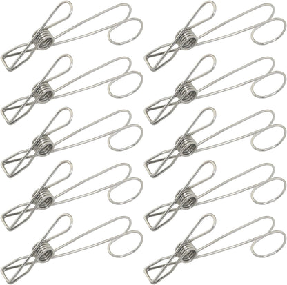 10PSC Kitchen Stainless Steel Clips with Hooks Large Size 4.33 x 0.63 inches Hanging Bathroom Clips for Drying Clothes and Hanging Towels