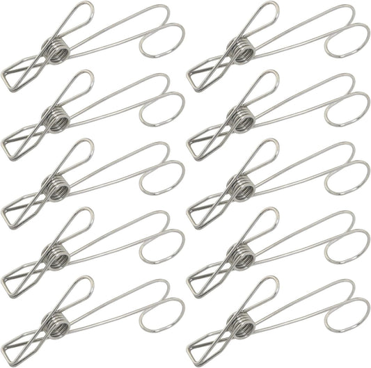 10PSC Kitchen Stainless Steel Clips with Hooks Large Size 4.33 x 0.63 inches Hanging Bathroom Clips for Drying Clothes and Hanging Towels