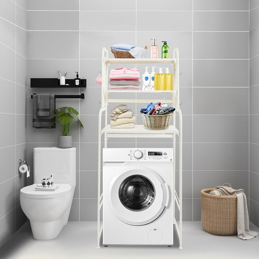 Over The Washer and Dryer Storage Shelf with Adjustable Shelf, 3 Tiers Expandable Over Toilet Storage Rack with Hooks Laundry Organizer Standing Shelf Gray for Laundry Room Bathroom