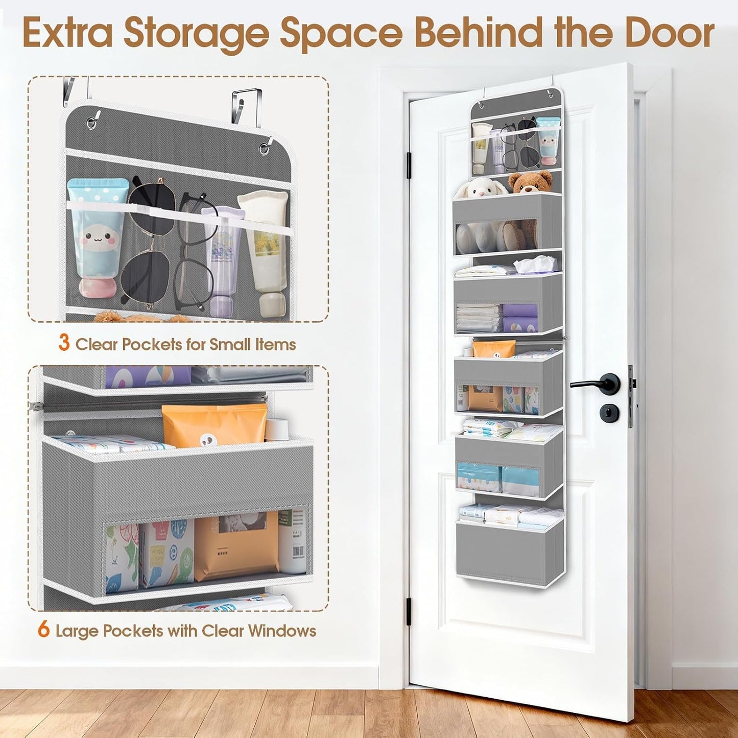 WISELIFE Over The Door Organizer Storage with 4 Large Pockets Door Hanging Organizer with Clear Windows behind The Door Storage for Nursery Bedroom Bathroom Pantry Closet and Baby Essentials Dark Grey