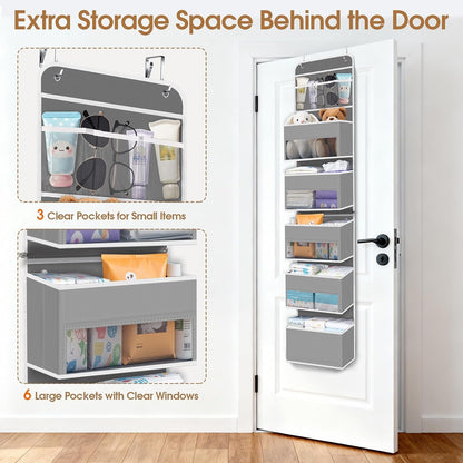 WISELIFE Over The Door Organizer Storage with 4 Large Pockets Door Hanging Organizer with Clear Windows behind The Door Storage for Nursery Bedroom Bathroom Pantry Closet and Baby Essentials Dark Grey