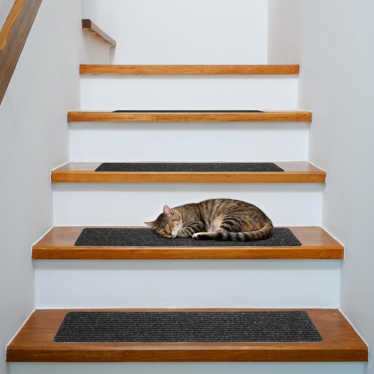 Homoyoyo 2Pcs Garage Stair Treads: Stair Treads Collection Indoor Skid Slip Resistant Skid Resistant Carpet Glue-Free Self-Adhesive Anti-Slip Mats Double Stripes for Repeated Use (Black,29X8X0.2inch)