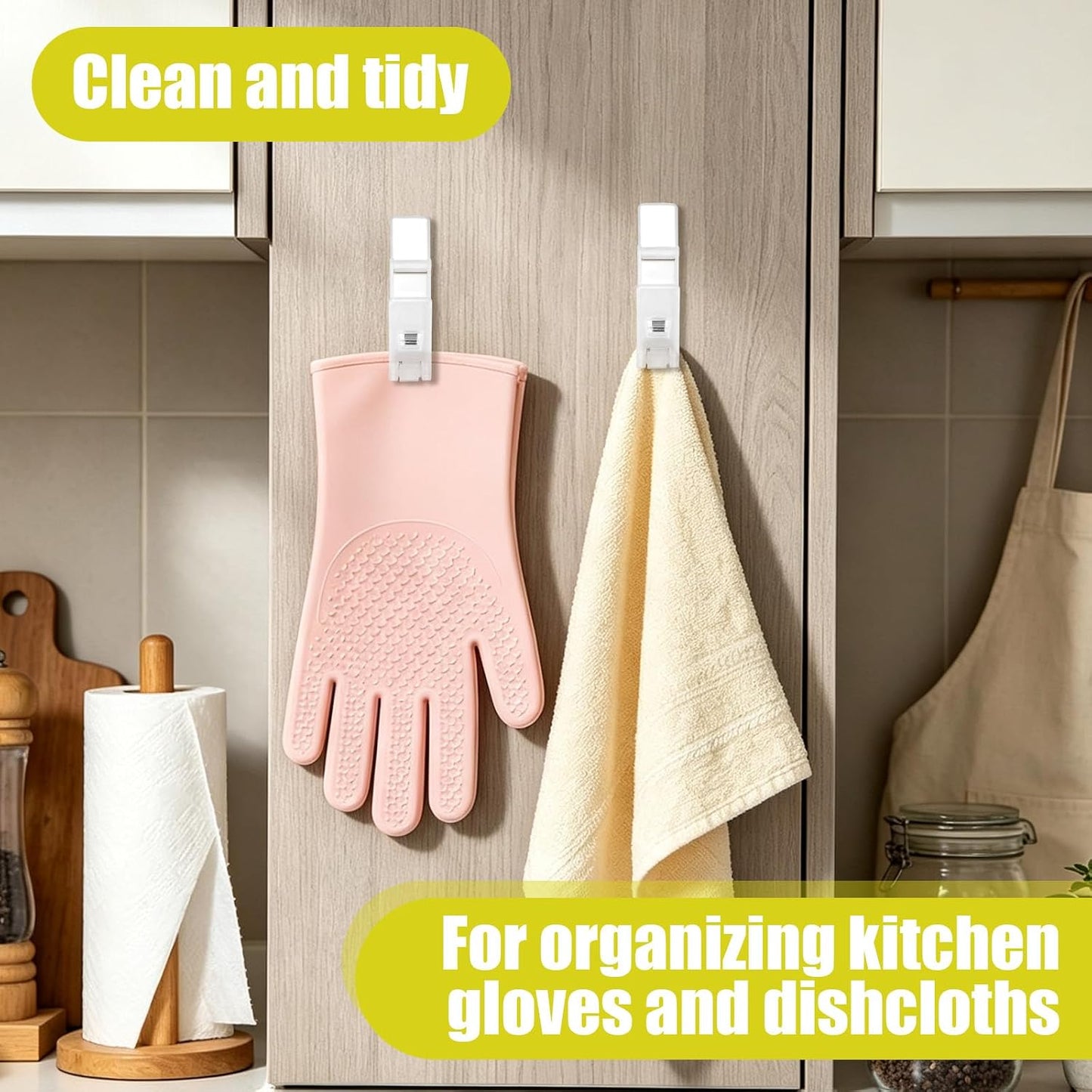 NQEUEPN 4Pcs Self-Adhesive Glove Clips for Kitchen Towel Holder | Plastic Dish Washing Gloves Clips with Strong Adhesive for Rubber Cleaning Gloves, Towels, Dishcloths, Kitchen Organizer