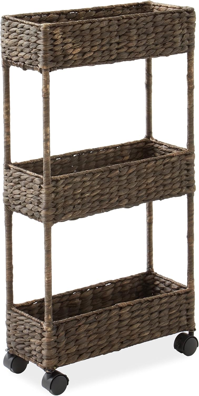 Casafield 3-Tier Rolling Storage Cart - Natural, Water Hyacinth Nursery Caddy, Utility Cart for Bathroom, Craft Room, Laundry Room Organization