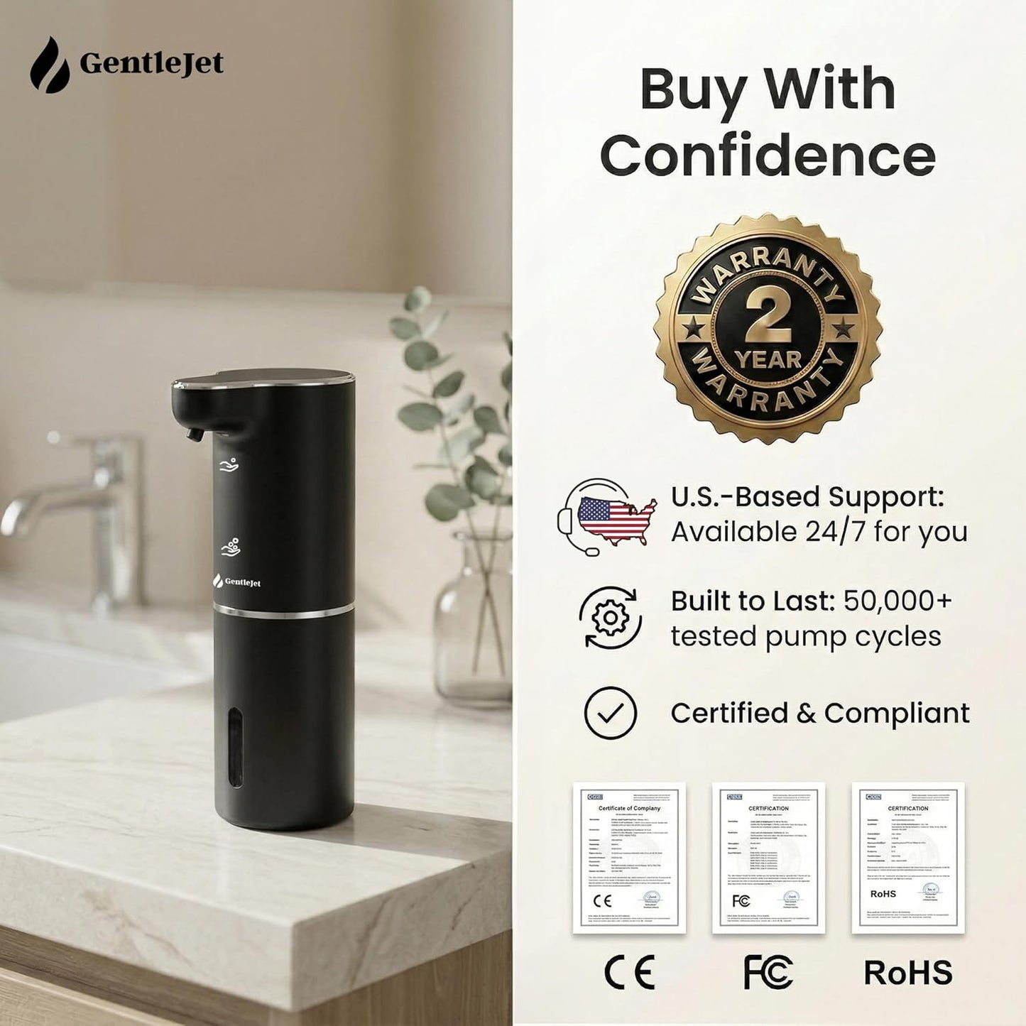 GentleJet JetFoam Automatic Foam Soap Dispenser – Touchless Sensor, USB-C Rechargeable, Adjustable Output, IPX5 Waterproof, 300 ml, Bathroom & Kitchen Countertop