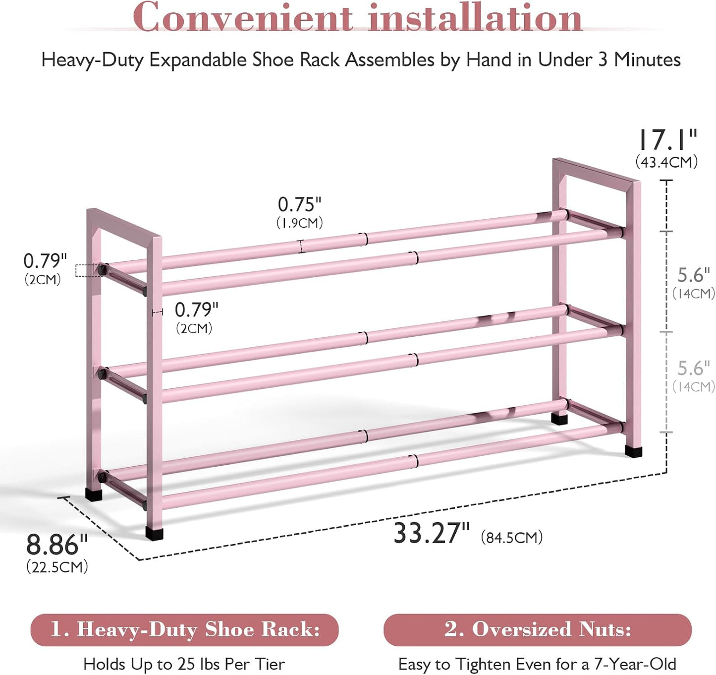 Bumusty 3-Tier Expandable Shoe Rack for Closet, 18“-33” Adjustable Shoe Rack for Small Space, Small Shoe Organizer for Front Door, Sturdy Metal, Black