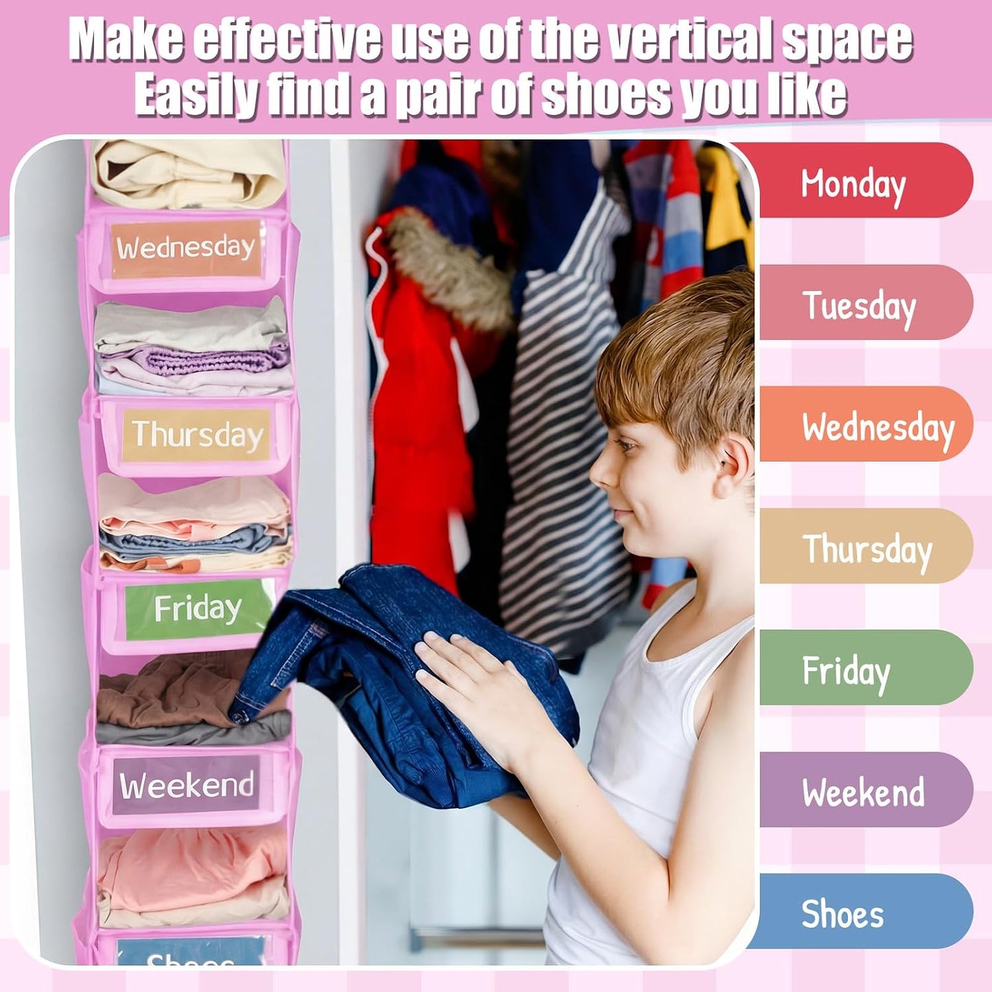 2 Pack 7 Shelf Weekly Clothes Organizer Hanging Closet for Kids with Side Pockets Weekday Shoes Rack Weekly Clothes Organizers Monday Through Weekend Foldable Storage Shelves(Black)