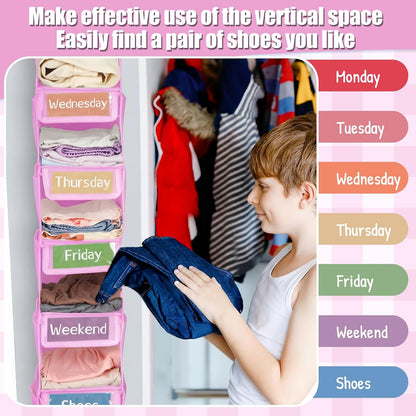 2 Pack 7 Shelf Weekly Clothes Organizer Hanging Closet for Kids with Side Pockets Weekday Shoes Rack Weekly Clothes Organizers Monday Through Weekend Foldable Storage Shelves(Black)