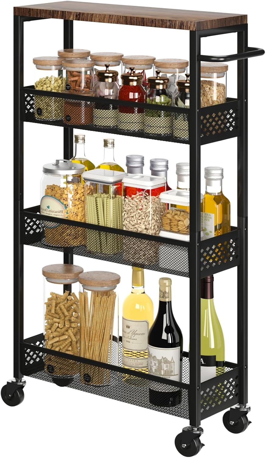 XYZLVSI Slim Storage Cart 4 Tier Narrow Kitchen Rolling Cart on Wheels for Small Space, Mobile Utility Cart Shelving Unit with Wooden Top and Metal Handle for Kitchen, Bathroom, Laundry Room